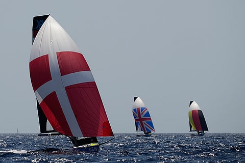 Women's 49erFX skiff class race at the 2024 Summer Olympics in Marseille